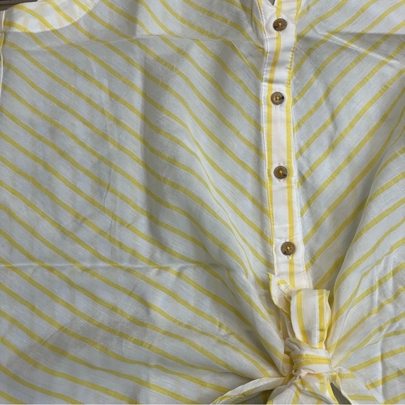 Maeve Butter Yellow & White Striped Button Up Tie Waist Sleeveless Blouse - Picture 7 of 9